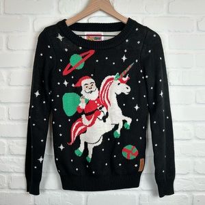 Tipsy Elves woman’s Santa Unicorn in Space ugly Christmas Sweater black size S